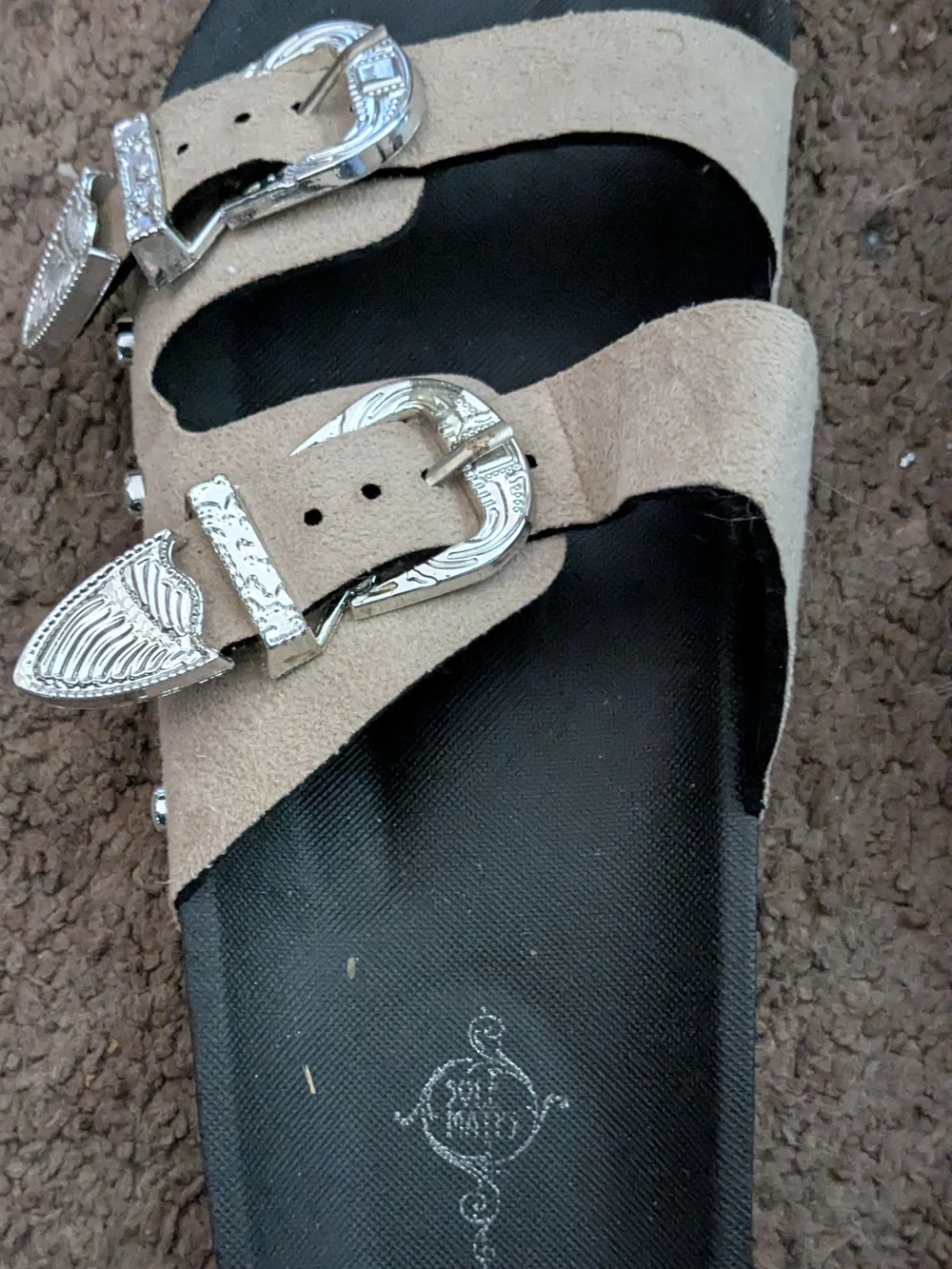 Women’s Dual-Buckle Slip-On Sandals in Beige and Black 